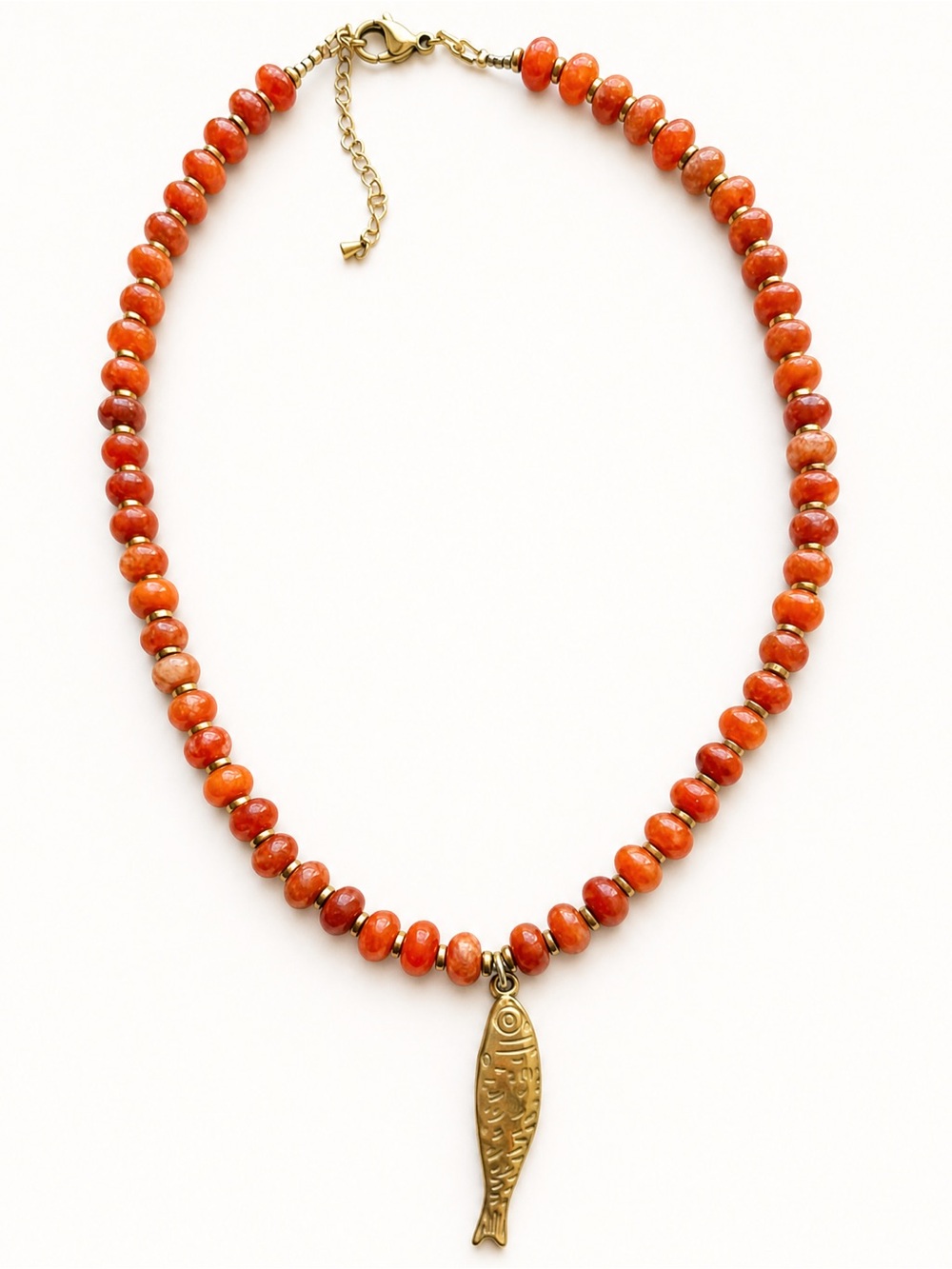 Orange Beaded Necklace with Fish Sardine Pendant